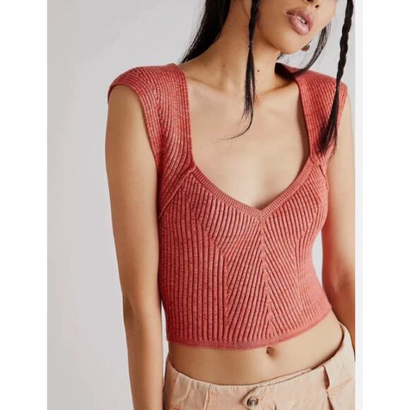 Free People Demi Sweater Top In Coral Spice Size Small Cropped Top NEW - Picture 1 of 5